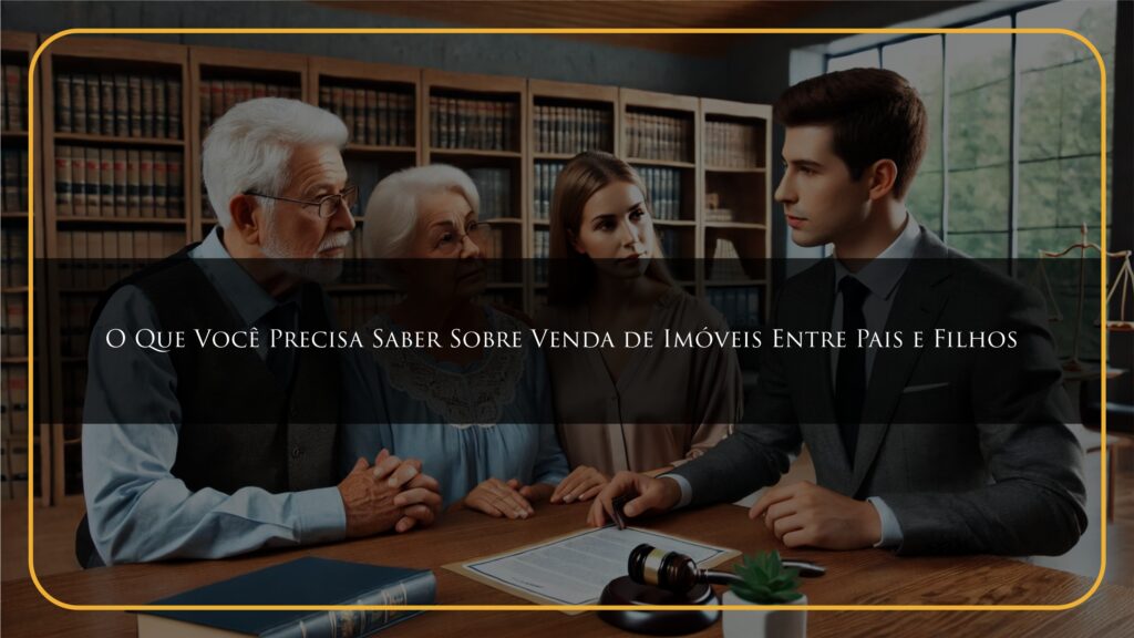 Reunião em um escritório de advocacia com um casal de idosos e seus filhos adultos, discutindo a venda de um imóvel com um advogado, destacando a importância de orientação legal em transações familiares.